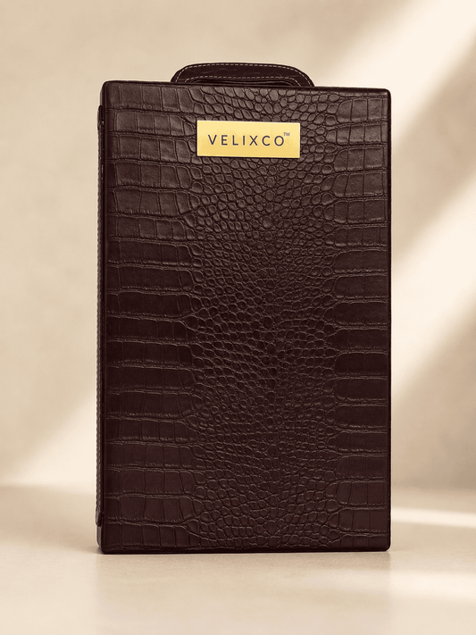 VELIXCO Premium Brown Leatherette Bar Set of 3 Glasses