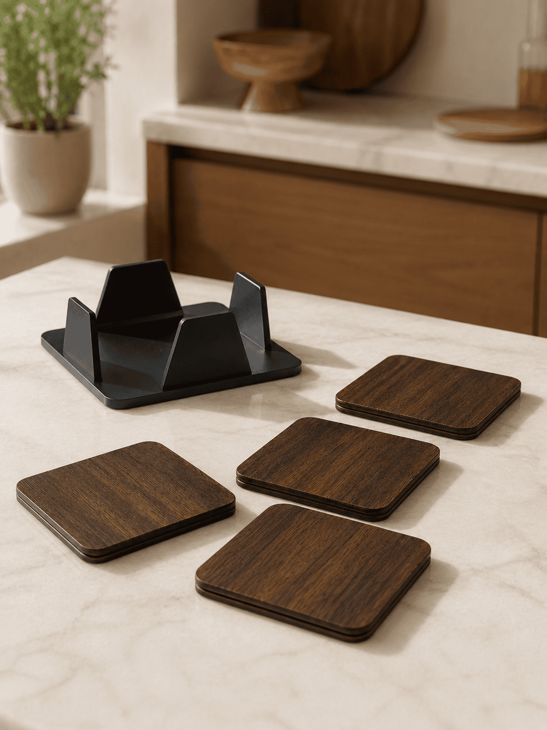 VELIXCO MDF Wooden Coaster Set with Holder (Set of 4)