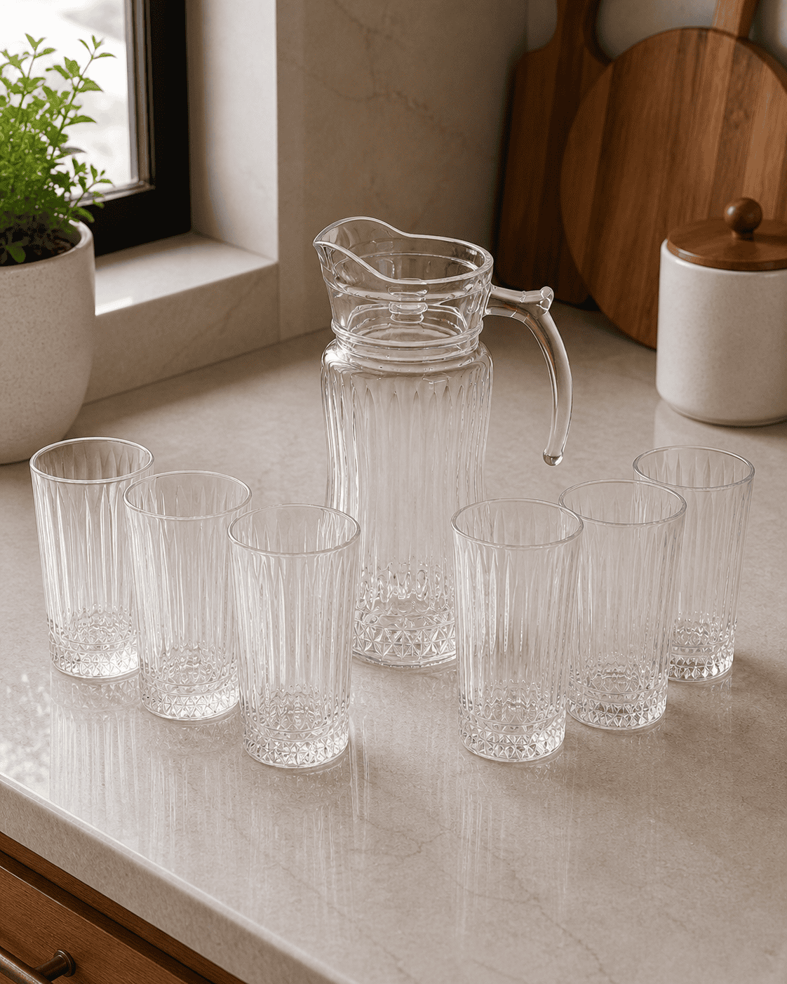 Drinking Glass Set for Home – Tivoli Long Glasses 335ml Set of 6 + 1 Glass Jug