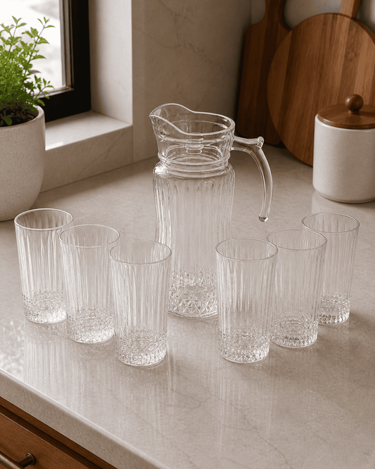 Drinking Glass Set for Home – Tivoli Long Glasses 335ml Set of 6 + 1 Glass Jug