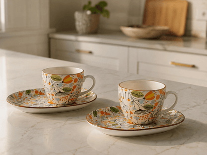 VELIXCO Autumn Bloom Cup & Saucer Set of 2