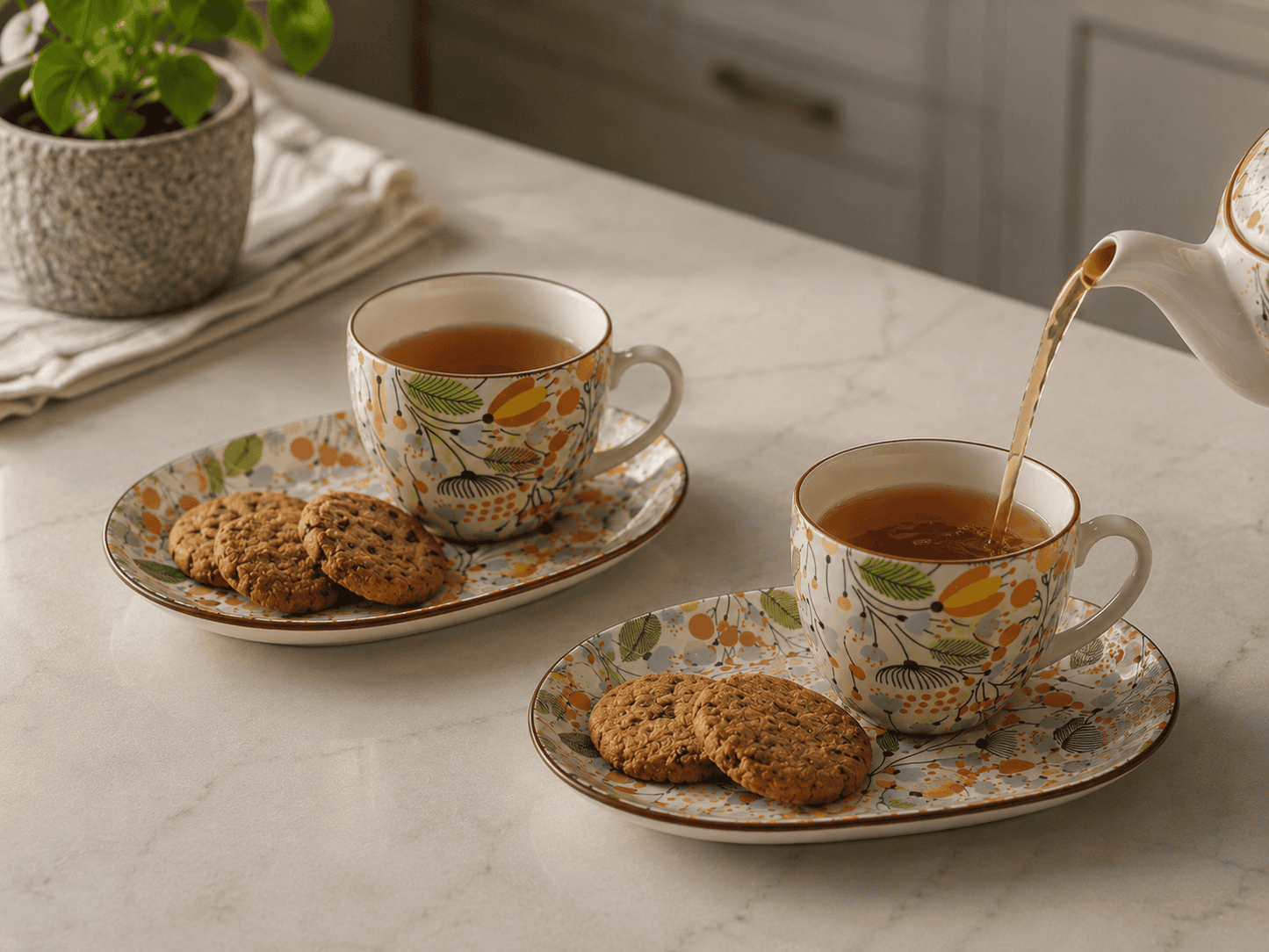 VELIXCO Autumn Bloom Cup & Saucer Set of 2