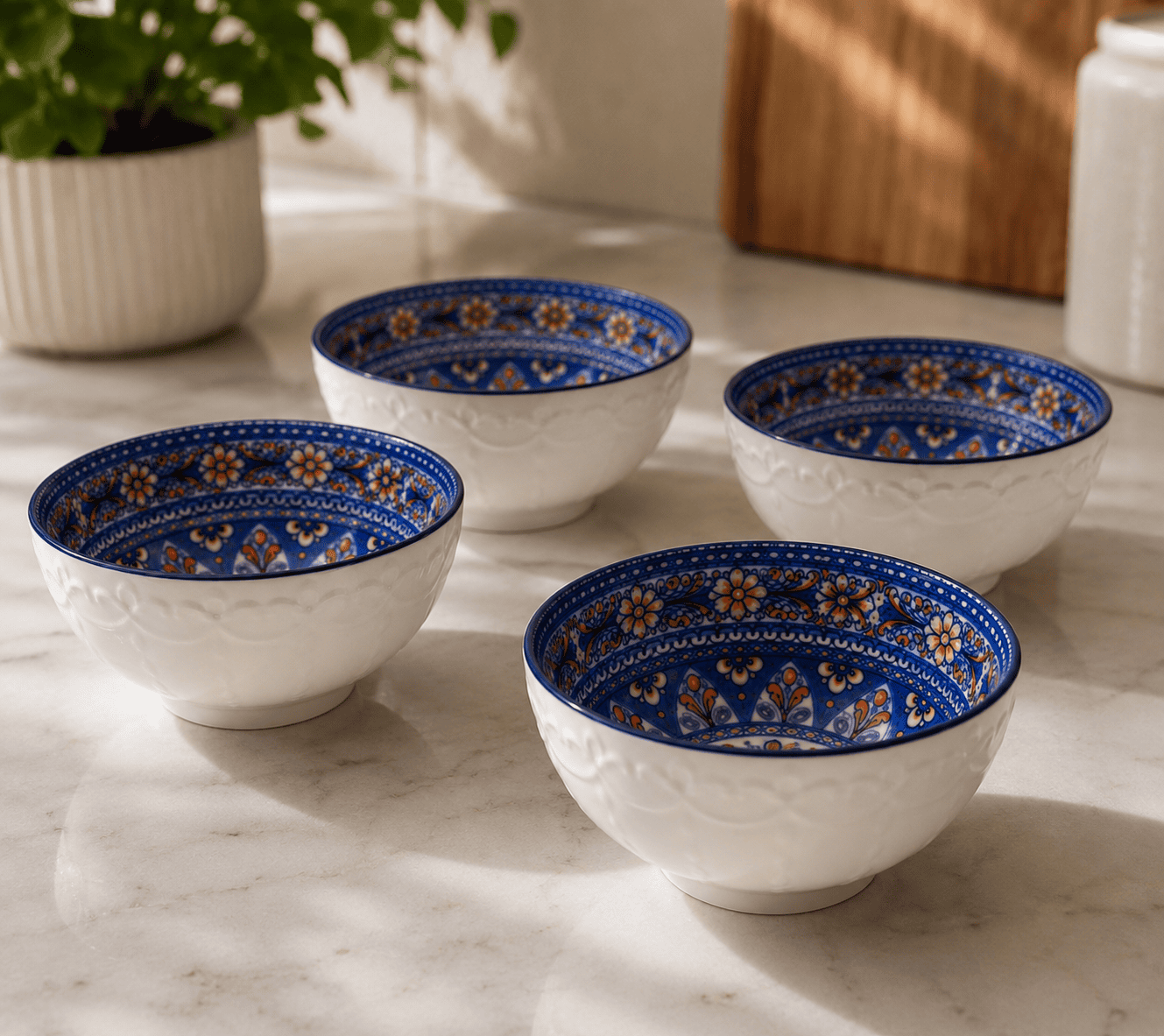 VELIXCO Azure Heritage Ceramic Bowl Set of 4