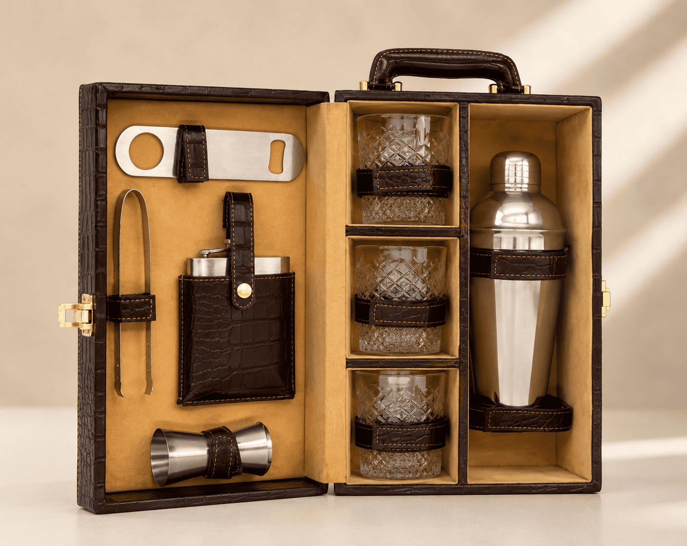 VELIXCO Premium Brown Leatherette Bar Set of 3 Glasses