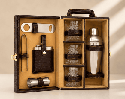 VELIXCO Premium Brown Leatherette Bar Set of 3 Glasses
