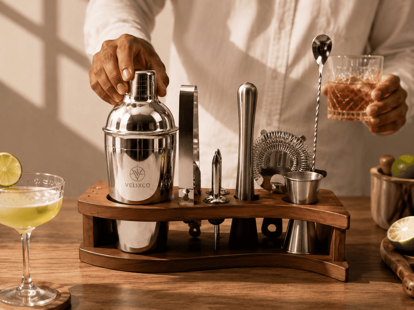 VELIXCO Bamboo Cocktail Bar Tool Set