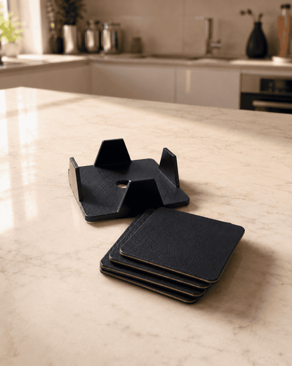 VELIXCO Dark Blue Leatherette Coaster Set of 4