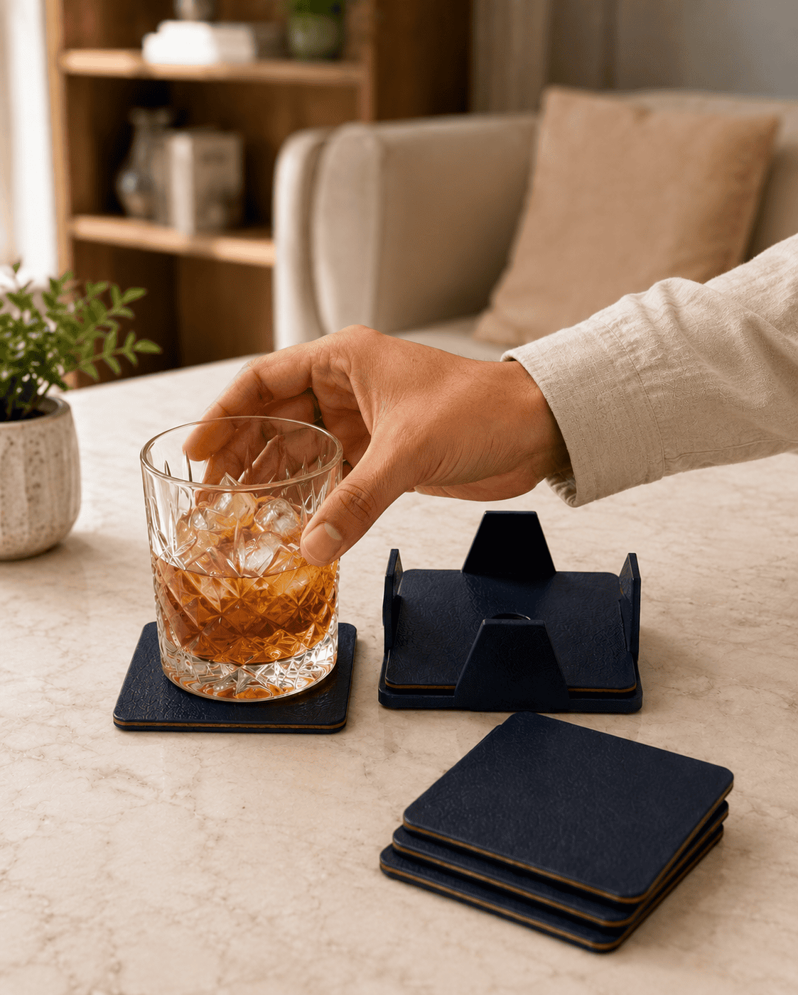 VELIXCO Dark Blue Leatherette Coaster Set of 4