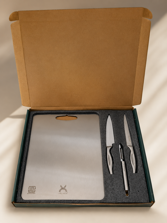 VELIXCO 4-Piece 304 Stainless Steel Chopping Board & Knife Set with Vegetable Peeler