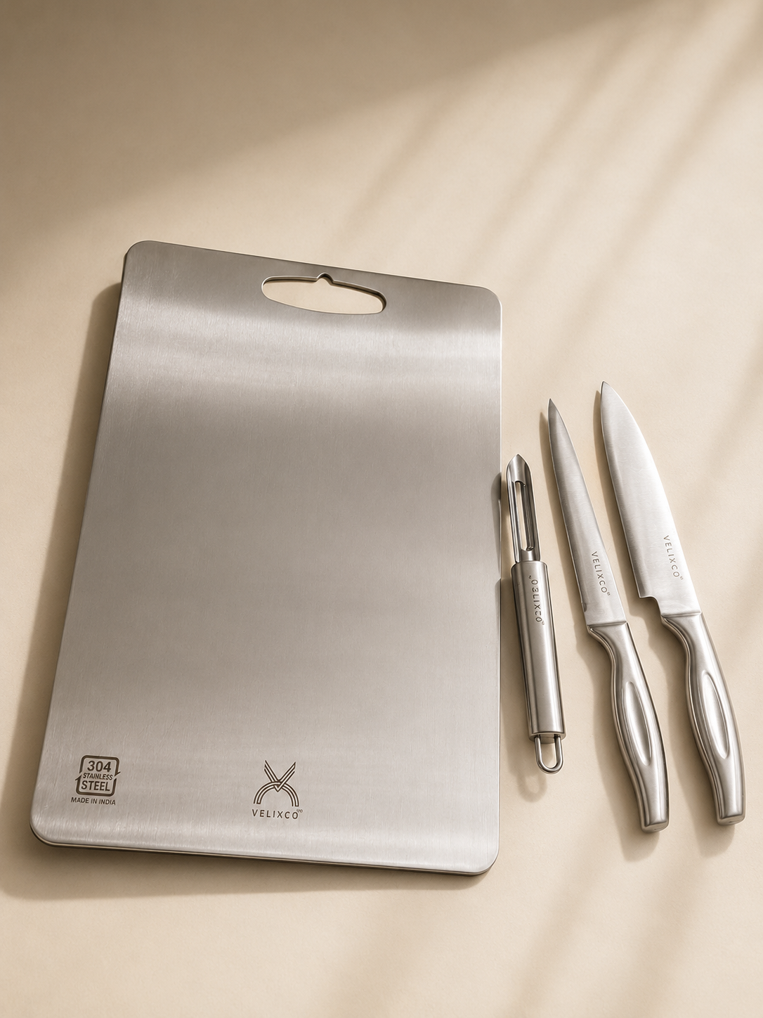 VELIXCO 4-Piece 304 Stainless Steel Chopping Board & Knife Set with Vegetable Peeler