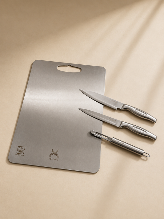 VELIXCO 4-Piece 304 Stainless Steel Chopping Board & Knife Set with Vegetable Peeler