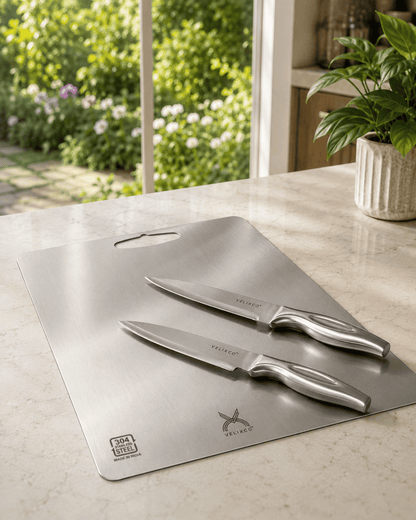 VELIXCO 304 Stainless Steel Chopping Board with 2 Stainless Steel Kitchen Knives Combo | Rust Resistant | Hygienic & Odor-Free | Made in India