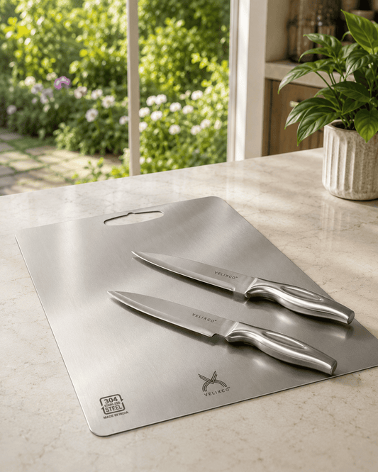 VELIXCO 304 Stainless Steel Chopping Board with 2 Stainless Steel Kitchen Knives Combo | Rust Resistant | Hygienic & Odor-Free | Made in India
