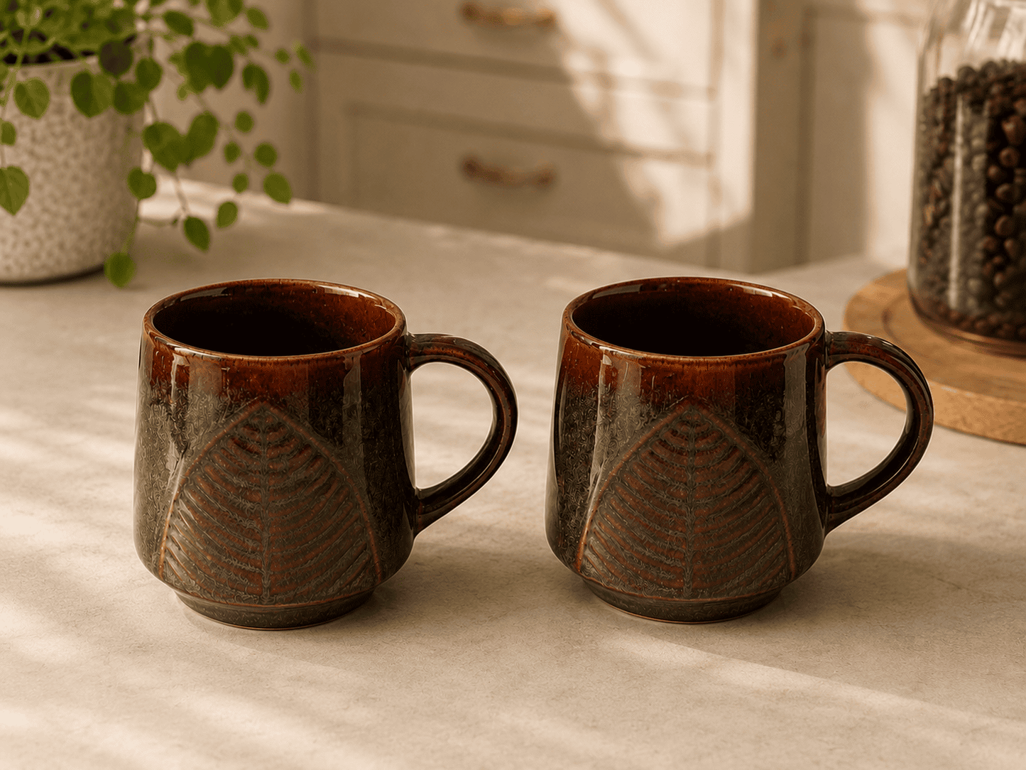 VELIXCO Earthleaf Stoneware Mug Set of 2