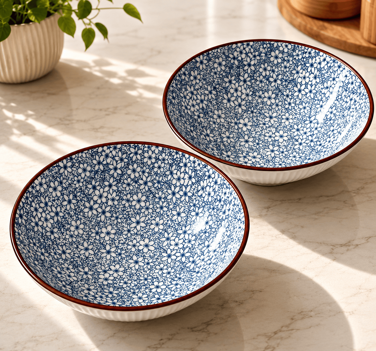 VELIXCO FrostBloom Ribbed Ceramic Bowl Set of 2