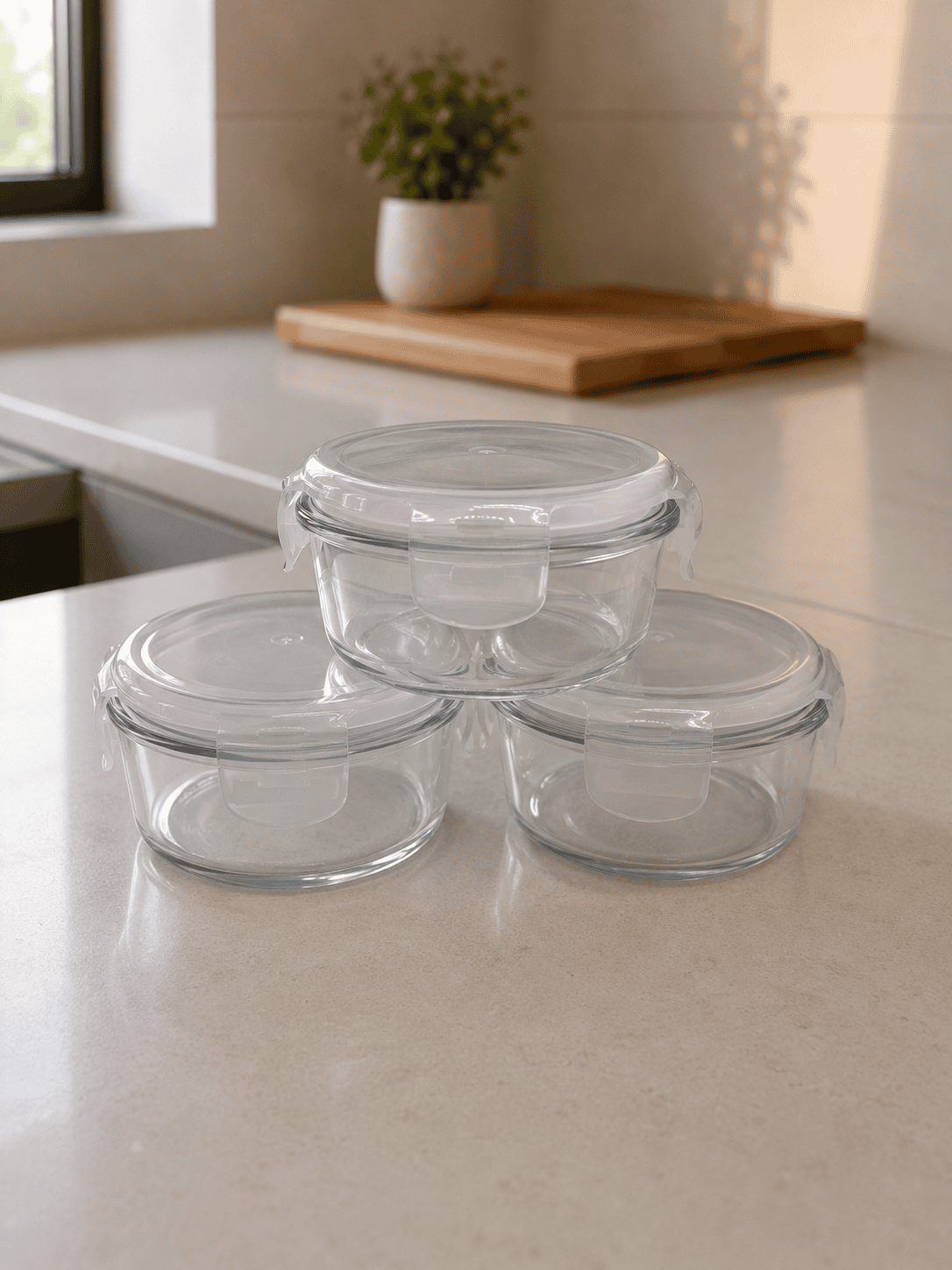 Glass Food Container with Lid – Round Airtight 400ml (Set of 3)