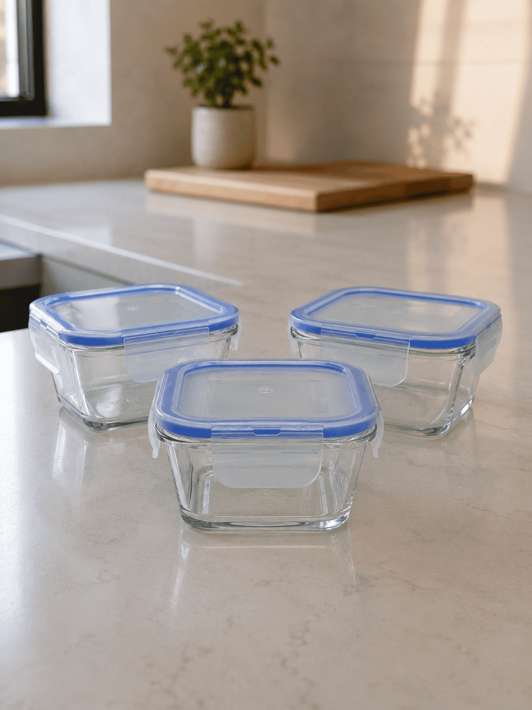 Glass Food Container with Lid – Square Airtight 350ml (Set of 3)