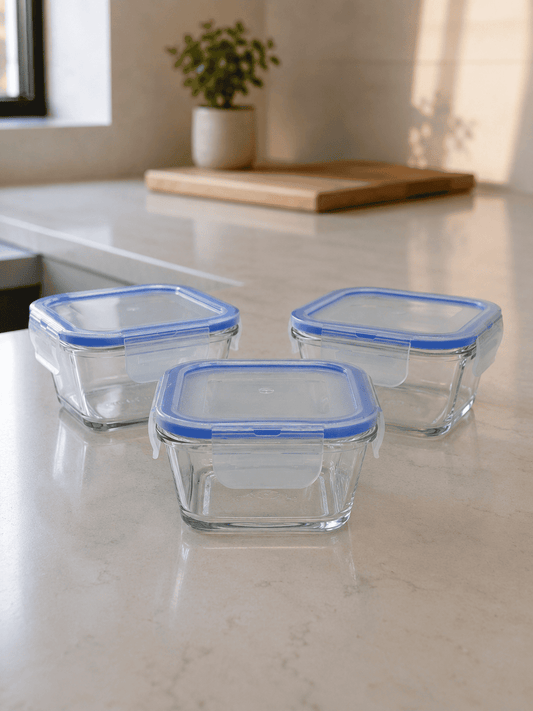 Glass Food Container with Lid – Square Airtight 350ml (Set of 3)