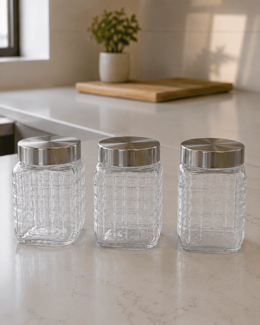 Glass Pantry Storage Containers – Yera Checkered Jar 875ml (Set of 4)