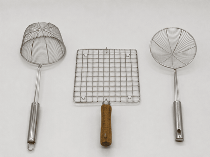 Indian Frying Tools Stainless Steel – Puri Jhara Set of 2 with Roasting grill bar
