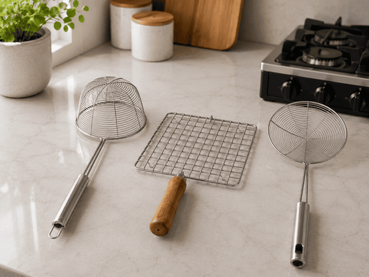 Indian Frying Tools Stainless Steel – Puri Jhara Set of 2 with Roasting grill bar