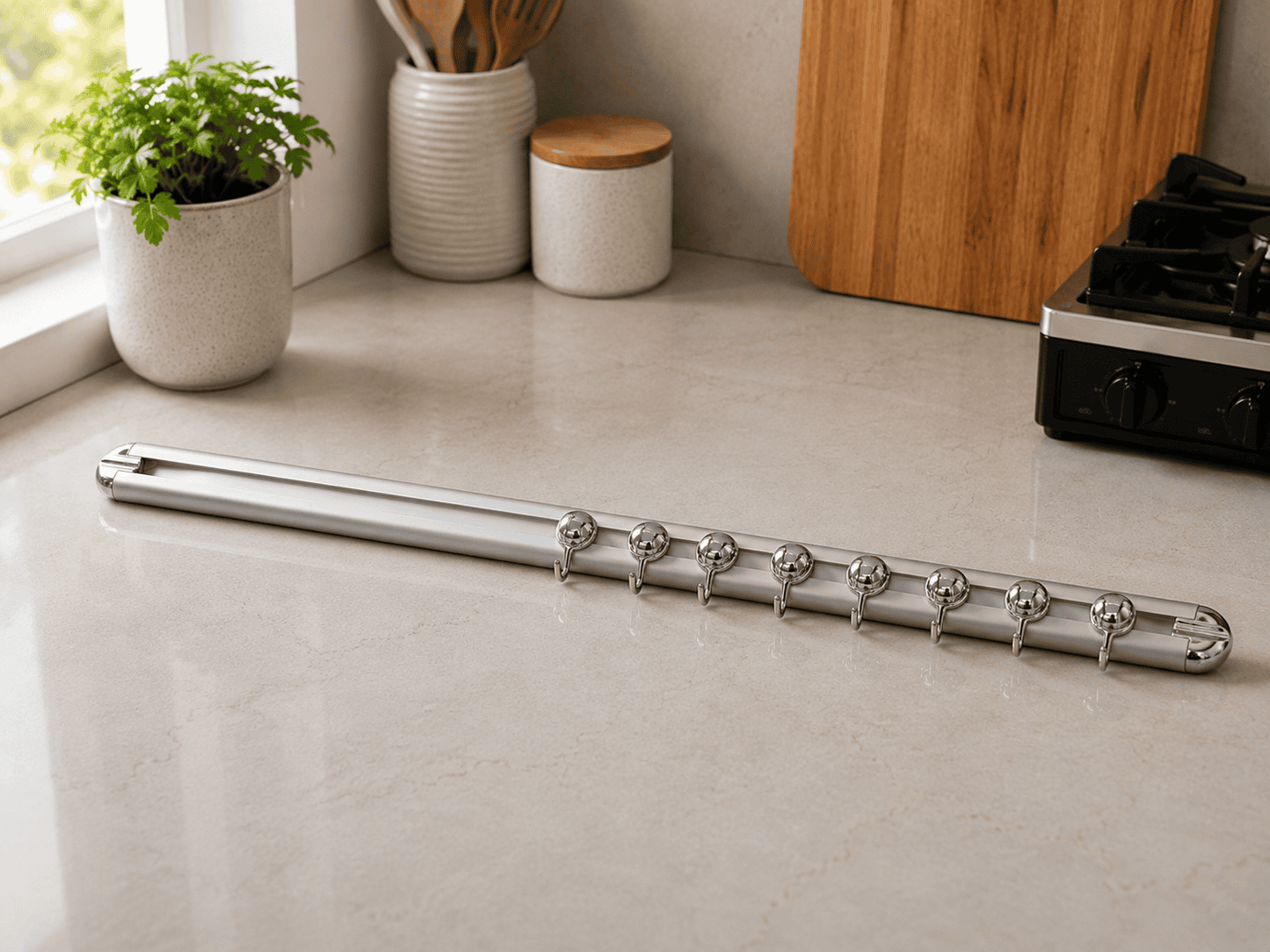 Kitchen Hook Rail Wall Organiser – 7-Hook Steel Rail 45cm