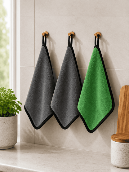 Microfiber Cleaning Cloth Reusable – Green-Grey Reversible (Set of 3)