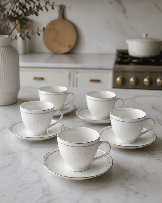 Tea/Coffee Cup & Saucer - New Diamond Emboss Series (Set of 6)