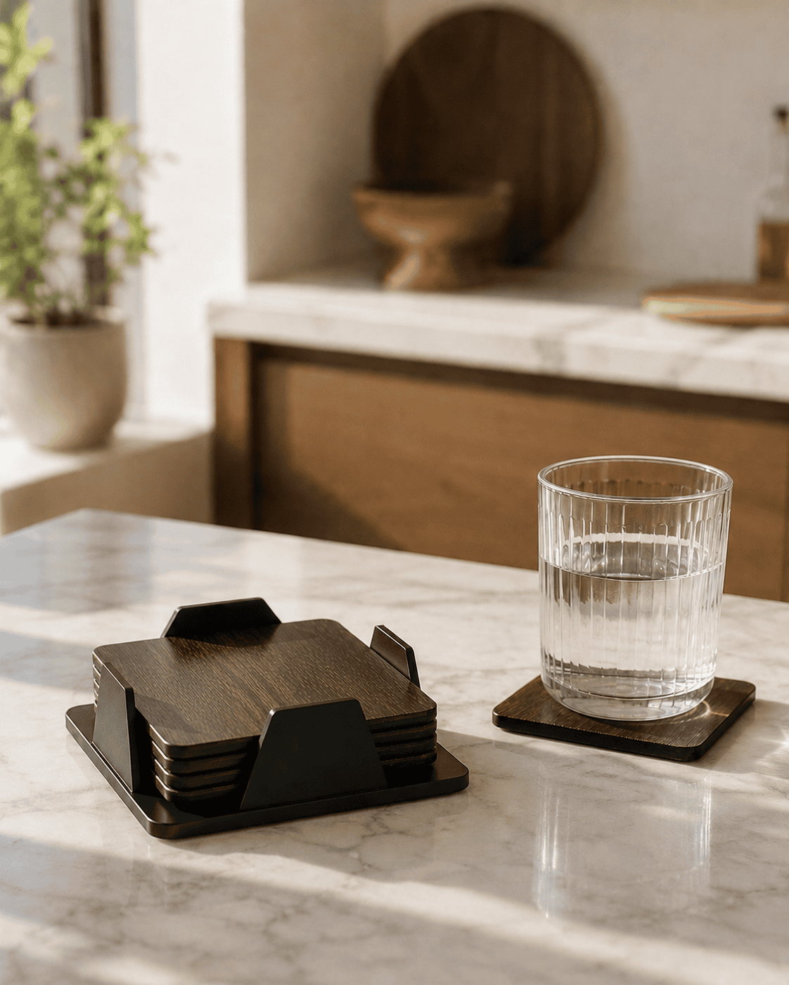 VELIXCO MDF Wooden Coaster Set with Holder (Set of 4)