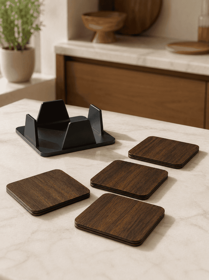 VELIXCO MDF Wooden Coaster Set with Holder (Set of 4)
