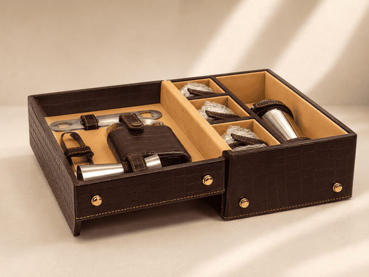 VELIXCO Premium Brown Leatherette Bar Set of 3 Glasses