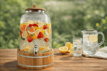 Velixco 6L Ribbed Glass Drink Dispenser with Bamboo Lid & Wooden Stand