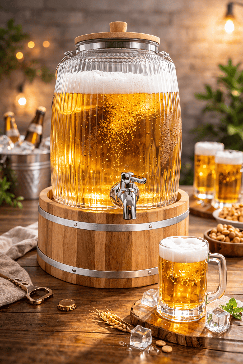 Velixco 6L Ribbed Glass Drink Dispenser with Bamboo Lid & Wooden Stand