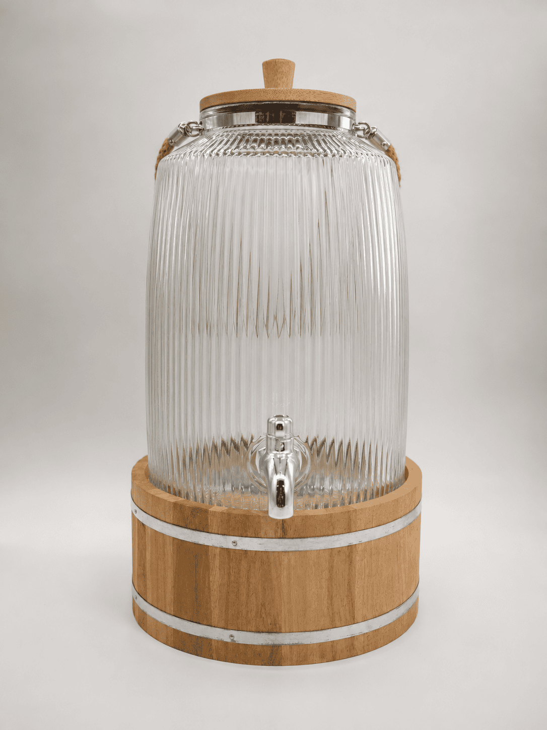 Velixco 6L Ribbed Glass Drink Dispenser with Bamboo Lid & Wooden Stand