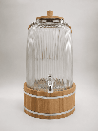 Velixco 6L Ribbed Glass Drink Dispenser with Bamboo Lid & Wooden Stand