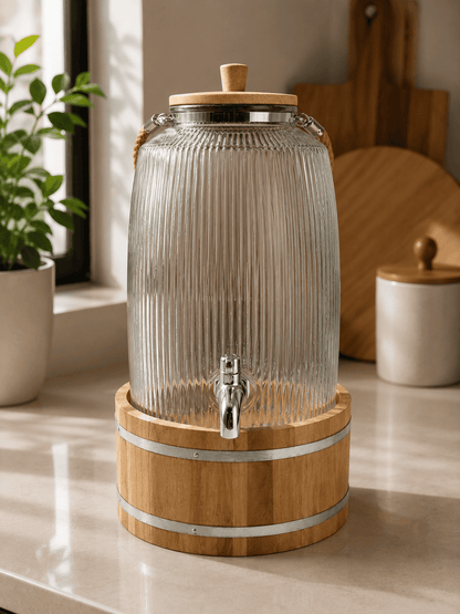 Velixco 6L Ribbed Glass Drink Dispenser with Bamboo Lid & Wooden Stand