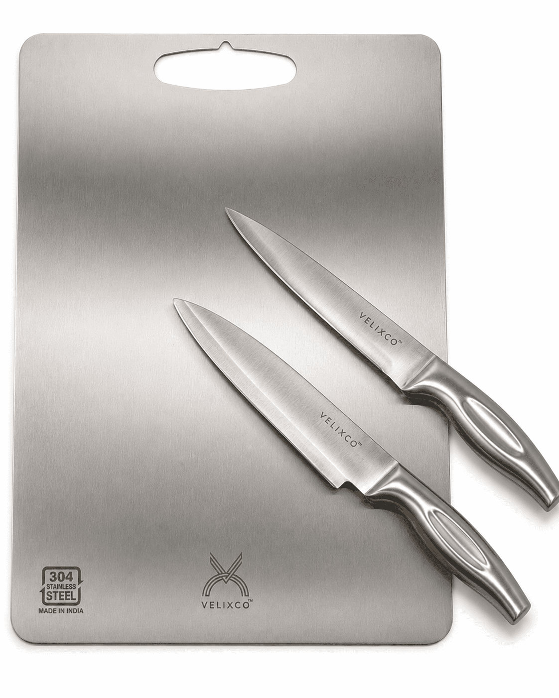 VELIXCO 304 Stainless Steel Chopping Board with 2 Stainless Steel Kitchen Knives Combo | Rust Resistant | Hygienic & Odor-Free | Made in India