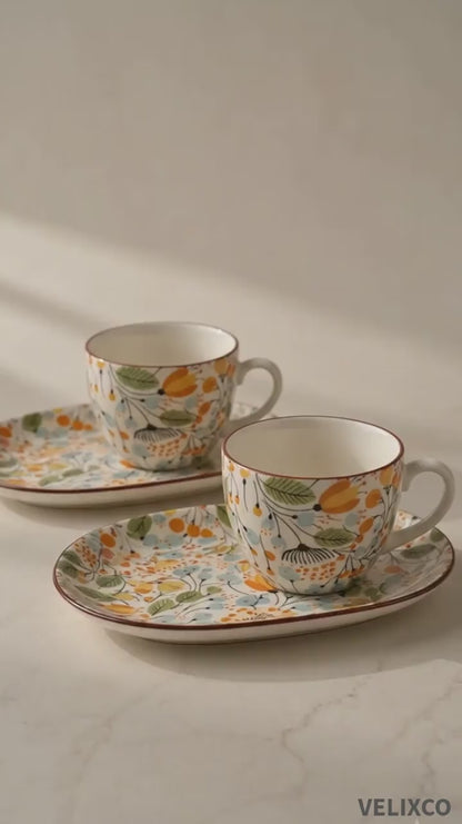 VELIXCO Autumn Bloom Cup & Saucer Set of 2