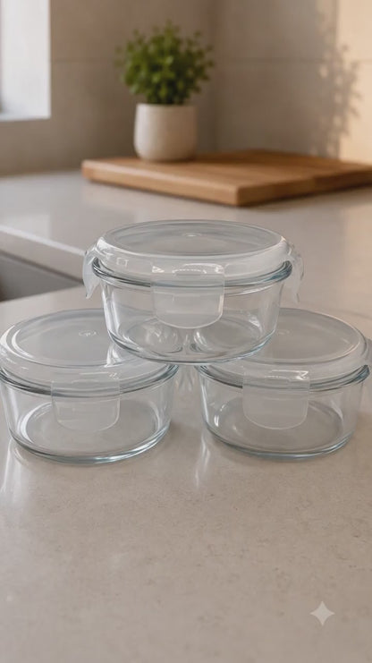 Glass Food Container with Lid – Round Airtight 400ml (Set of 3)