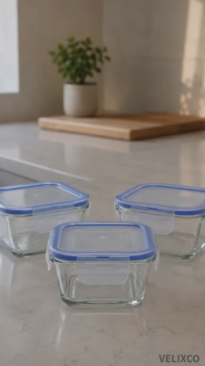 Glass Food Container with Lid – Square Airtight 350ml (Set of 3)