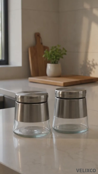 Premium Glass Spice Jar Set of 2 with Stainless Steel Airtight Lids