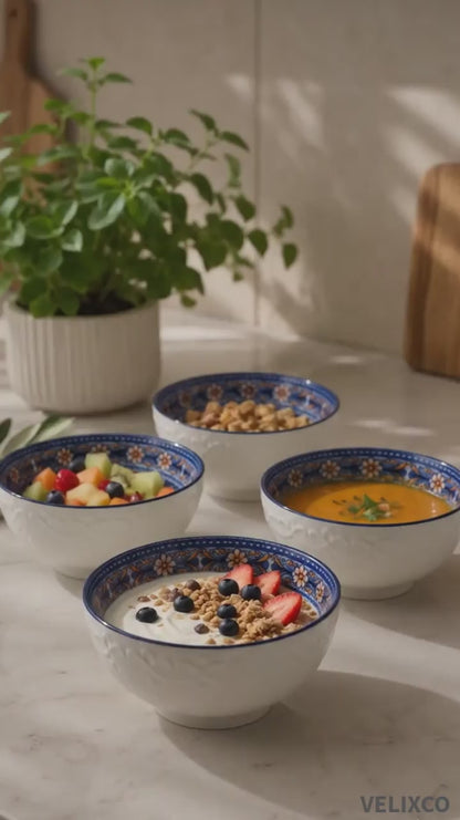 VELIXCO Azure Heritage Ceramic Bowl Set of 4