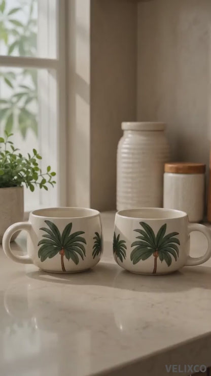 VELIXCO Palm Haven Ceramic Soup Mug Set of 2